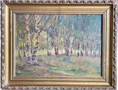 "Перелесок". Неизвестный художник. Картон, масло. 
Размеры: 64.5 х 50 см. 
Состояние: следы 