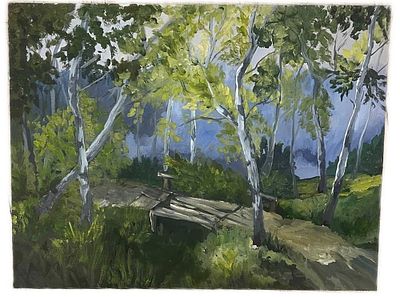 "Роща". Неизвестный художник. Картон, масло.
Размеры: 40 х 30 см. 
Состояние: следы времени. 
ИН-57.