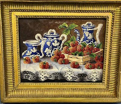 "Натюрморт с клубникой". Подпись М.Вейнбергер. 1934 год. Холст на подрамнике, масло. 
Размеры: 