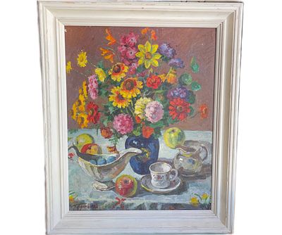 "Натюрморт с герберами". Орлов. 2002 год. Картон, масло. 
Размеры: 40 х 50 см. С багетом: 49 х 