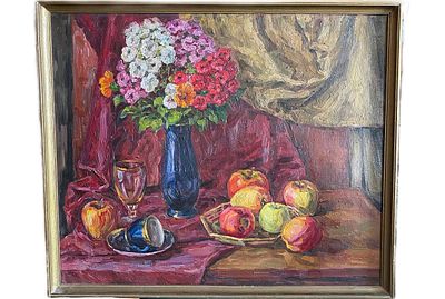 "Натюрморт с флоксами и яблоками". Н.Ю.Грекова. 1990 год. Холст на подрамнике, масло. 
Размеры: 
