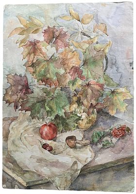 "Осенний натюрморт: клен, рябина, подберезовик и яблоко". Солодовникова Наталья Александровна. 