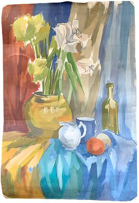 "Натюрморт с лилиями". Неизвестный художник. Бумага, гуашь. 
Размер: ~ 93 х 62 см. 
Состояние: 