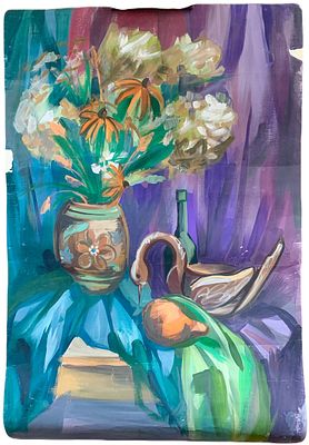 "Натюрморт с скобкарью и рудбекией". Неизвестный художник. Бумага, гуашь. 
Размер: ~ 93 х 62 