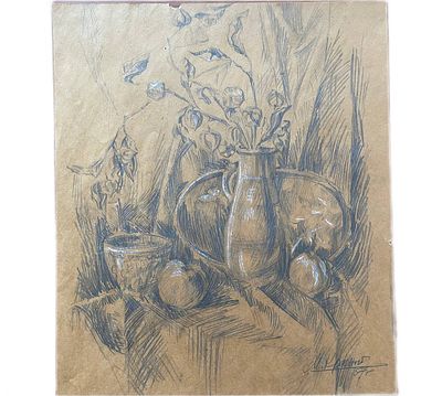 "Натюрморт". М.Красный. 1957 год. Бумага, графит, белила. 
Размеры: 49.5 х 42 см. 
Состояние: 