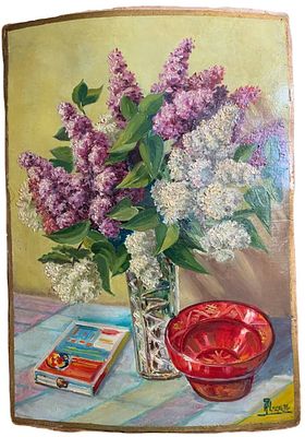 "Сирень". Чмель Н.Е. 1976 год. Масло, картон. На обороте дарственная надпись "Т.Д. и В.Г. 