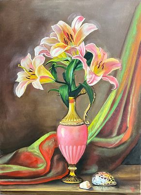 "Натюрморт с лилиями". Наталия Осадчук. . Холст на подрамнике, масло. 
Размеры: 80 х 60 см. 