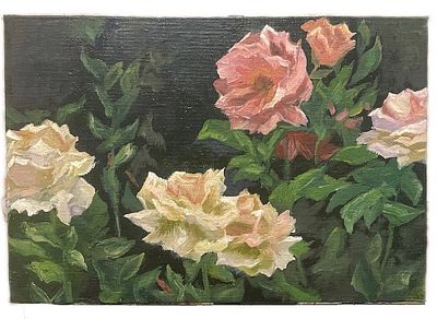 "Бутоны". Неизвестный художник. Картон, масло. 
Размеры: 50 х 34 см. 
Состояние: следы времени. 