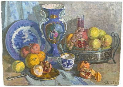 "Натюрморт с синей вазой". Попов Константин Александрович. 1992 год. Холст, масло. В правом 