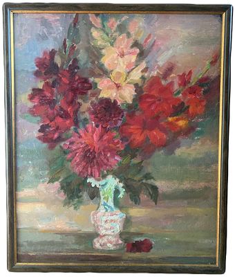 "Цветы в старинной вазе". Титкова Врубелина Васильевна. 1990 год. Картон, масло. На обороте 