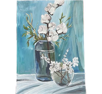 "Натюрморт с хлопком". Неизвестный художник. Бумага, гуашь. 
Размеры: 41.5 х 29.5 см. 