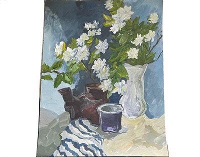 "Жасмин". Неизвестный художник. Картон, гуашь.
Размеры: 46.5 х 36 см. 
Состояние: следы 