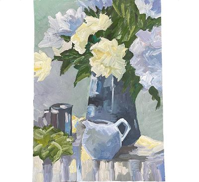 "Завтрак". Неизвестный художник. Бумага, гуашь. 
Размеры: 42 х 29.5 см. 
Состояние: следы 