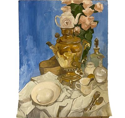 "Чаепитие". Неизвестный художник. Картон, гуашь.
Размеры: 46 х 36 см. 
Состояние: следы 