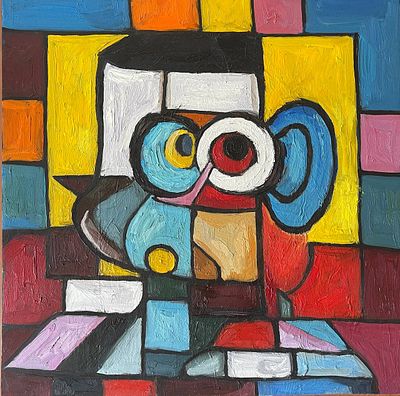 "Пенсне". В.Ляшов. . Холст на подрамнике, темпера. 
Размеры: 40 х 40 см. 
Состояние: следы 