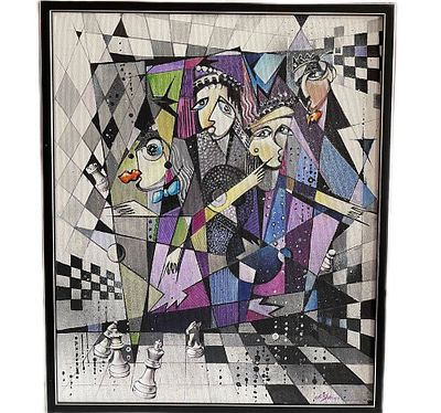 D.YAKOBI. "Гроссмейстер". 1987 г. Холст, акрил, масло. Размеры 50 х 60 см. 
Состояние хорошее: 