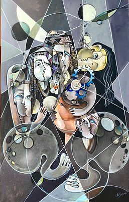 D.YAKOBI. Family (Семья). Лондон. 1987 г. Холст, масло, акрил, масл. карандаш. 
50 х 80 см. 