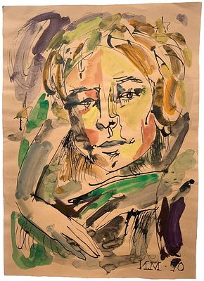 "Незнакомка". Неизвестный художник. Бумага, смешанная техника. 
Размер: 45 х 32 см. 
Состояние: 