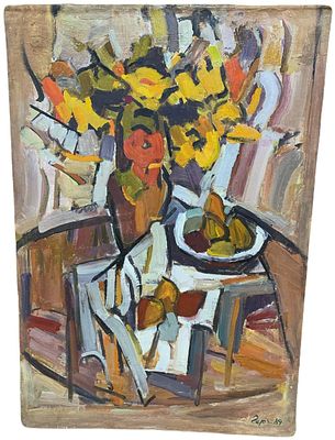 [Двухсторонняя] "Натюрморт с фруктами". Грачёв Владислав Михайлович. 1989 год. Оргалит, масло. 