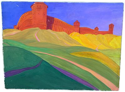 "Крепость". Неизвестный художник. . Картон, гуашь. 
Размер: 79,5 х 60 см. 
Состояние: следы 