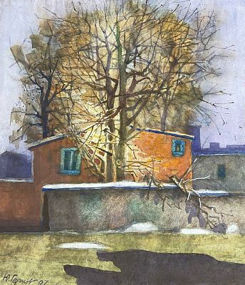 "Улочка". Герасимов Юрий Тимофеевич.
. Акварель, бумага. 
Размеры: 41.5 х 36 см. 
Герасимов Юрий 