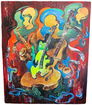 D.YAKOBI. "Джазбенд". . Холст на картоне, акрил. 
Размер: 60 х 50 см. 
D.Yakobi - работы в стиле 