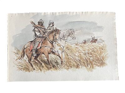 "Богатыри". Неизвестный художник. Бумага, акварель. 
Размеры: 42.5 х 27 см. 
Состояние: следы 