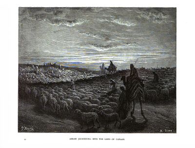 Ксилография "Аврам отправляется в землю Ханаанскую". Гюстав Доре. Иллюстрация к Библии. 