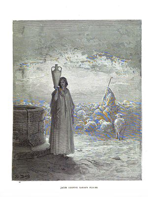 Ксилография "Иаков пасет стада Лавана". Гюстав Доре. Иллюстрация к Библии. 
Ксилография. 