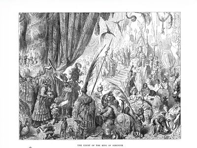 Ксилография "Царский суд". Гюстав Доре. Иллюстрация к сказке Ш. Перро &laquo;Синдбад-Мореход&raquo;. 