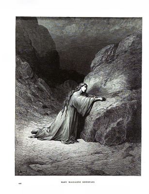 Ксилография "Раскаяние Марии Магдалины". Гюстав Доре. Иллюстрация к Библии. 
Ксилография. 