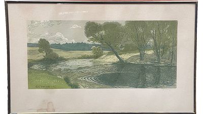 Цветная линогравюра "Летний полдень". Севрюков Валентин Гаврилович. Размеры: 30 х 50 см. 