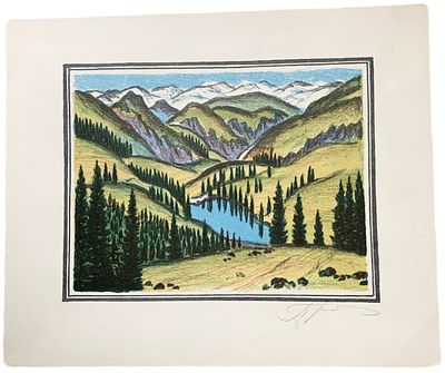 Цветная линогравюра "И дольше века длится день". И.А. Прилуцкий. 1989 год. Авторская 