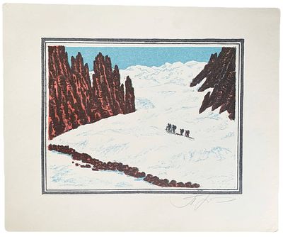 Цветная линогравюра "Когда падают горы". И.А. Прилуцкий. 1989 год. Авторская линогравюра. Серия 