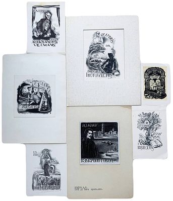 Экслибрисы. Алексей Илларионович Юпатов. 7 штук. . Размер: ~ 12,5 х 9 см; 21 х 17 см. 
Алексей 