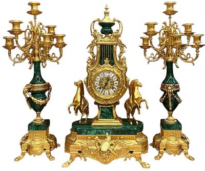 Каминный гарнитур: часы и парные канделябры. Franz Hermle. Германия. 1997 год. Бронза, позолота 