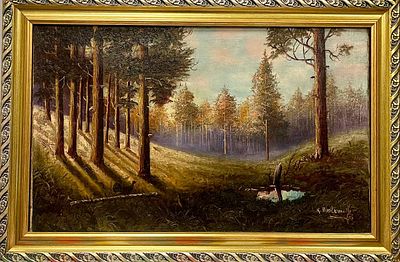 "Сосновый бор". Неизвестный художник. ХХ век. Холст на подрамнике, масло. 
Размеры: 68 х 43 см. 