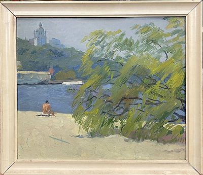 "На пляже". В.Бугров. Картон, масло. 
Размеры: 67 х 58 см. 
Состояние: следы времени. 
ИН-146.