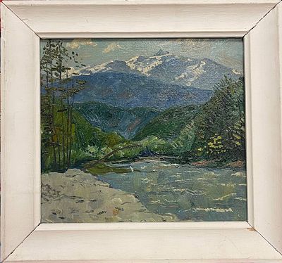 "Горная река". В.Бугров. Картон, масло. 
Размеры: 40 х 37 см. 
Состояние: следы времени. 
ИН-146.