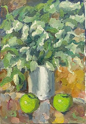 "Весенний натюрморт". В.Бугров. Холст на подрамнике, масло. 
Размеры: 55 х 38 см. 
Состояние: 