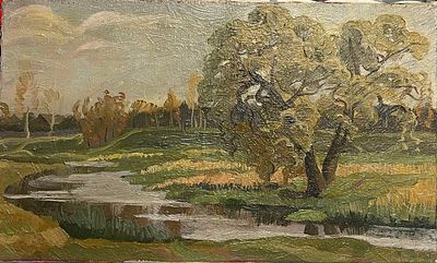 "Плакучая ива". В.Бугров. Холст на подрамнике, масло. 
Размеры: 55 х 33 см. 
Состояние: следы 