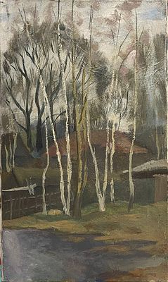 "Предзимье". В.Бугров. Холст на подрамнике, масло. 
Размеры: 55 х 33 см. 
Состояние: следы 