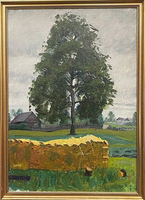 "Покос". В.Бугров. Картон, масло. 
Размеры: 74 х 54 см. 
Состояние: следы времени. 
ИН-146.