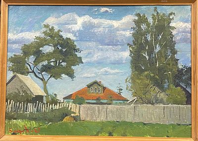 "Дача". В.Бугров. 1987 год. Картон, масло. 
Размеры: 72 х 52 см. 
Состояние: следы времени. 
ИН-146.