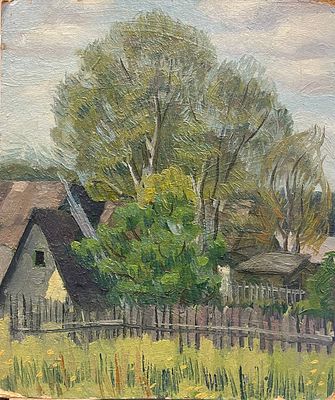 "В деревне". В.Бугров. Картон, масло. 
Размеры: 51 х 43 см. 
Состояние: следы времени. 
ИН-146.