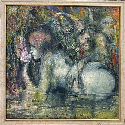 "Русалка". В.Бугров. Холст на подрамнике, масло. 
Размеры: 97 х 97 см. 
Состояние: следы 