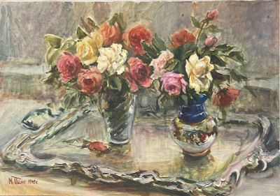 "Букеты роз". Неизвестный художник. Бумага, акварель. 
Размеры: 71.5 х 50 см. 
Состояние: следы 