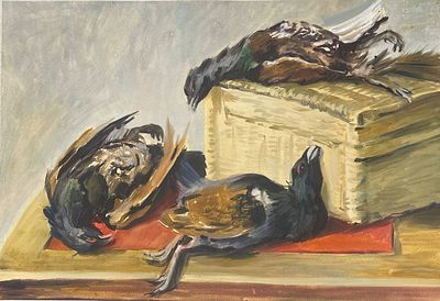 "Глухари". Неизвестный художник. Бумага, акварель. 
Размеры: 63 х 43 см. 
Состояние: следы 