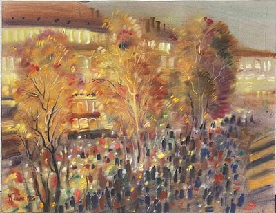 "Вечерний город". Неизвестный художник. Бумага, акварель. 
Размеры: 64.5 х 50 см. 
Состояние: 