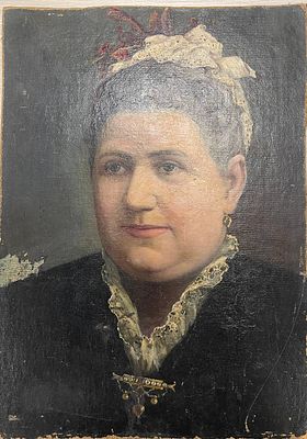 "Портрет дамы в чепце". Неизвестный художник. Оргалит, масло. 
Размеры: 45 х 32 см. 
Состояние: 